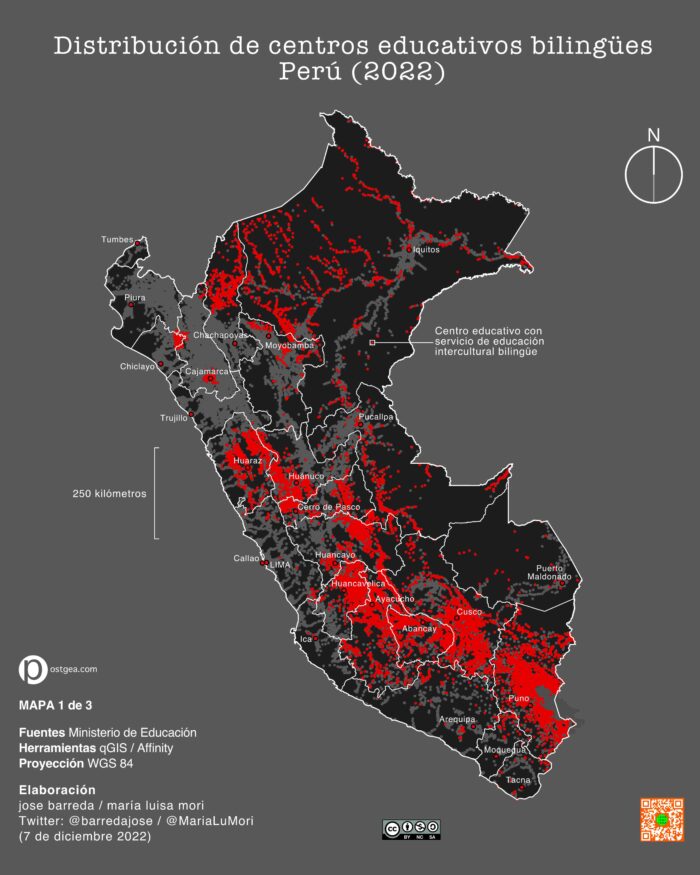 Mapa de distribución de centros educativos bilingues Perú 2022