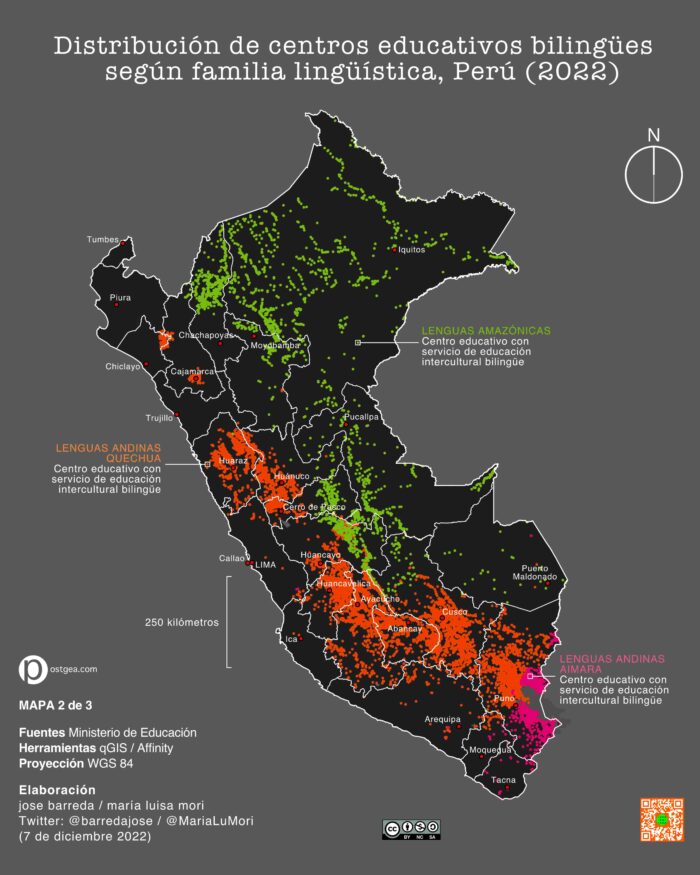 Mapa de distribución de centros educativos bilingües según familia lingüística Perú 2022