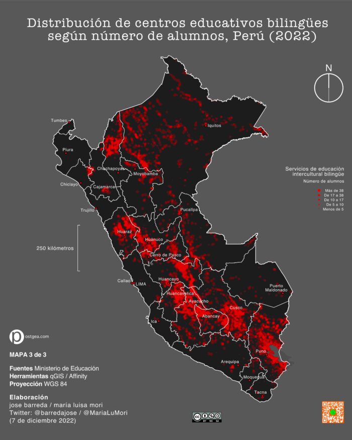 Mapa de distribución de centros educativos bilingües según numero de alumnos Perú 2022