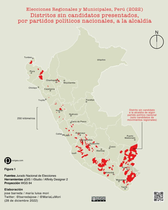 Mapa Distritos sin candidatos de partidos políticos nacionales  Elecciones Perú 2022 