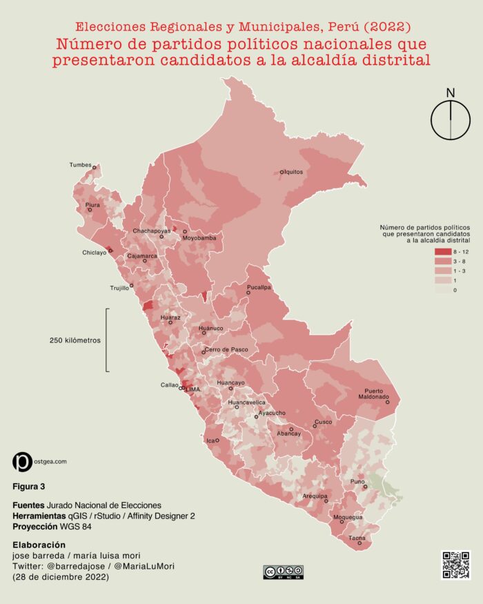 Mapa distrital de numero de partidos politicos nacionales con candidatos Elecciones 2022 Perú