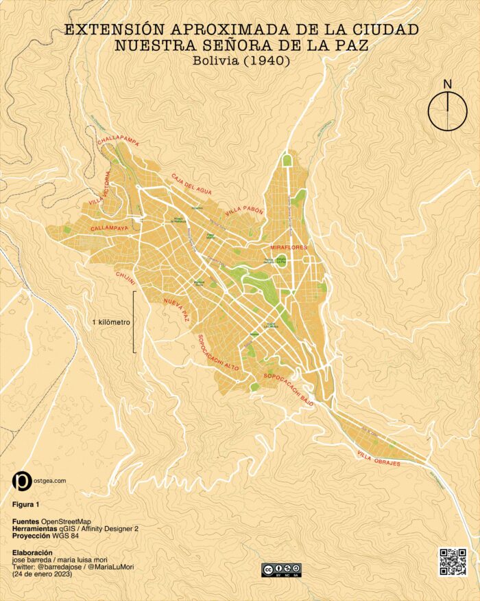 Mapa Ciudad La Paz Bolivia en 1940 fuente Open Street Map